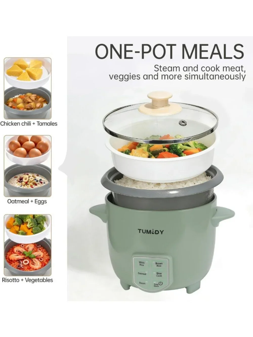 Compact 3-Cup Rice Cooker & Steamer, 6-Cup Capacity, Easy Clean, Green Kitchen